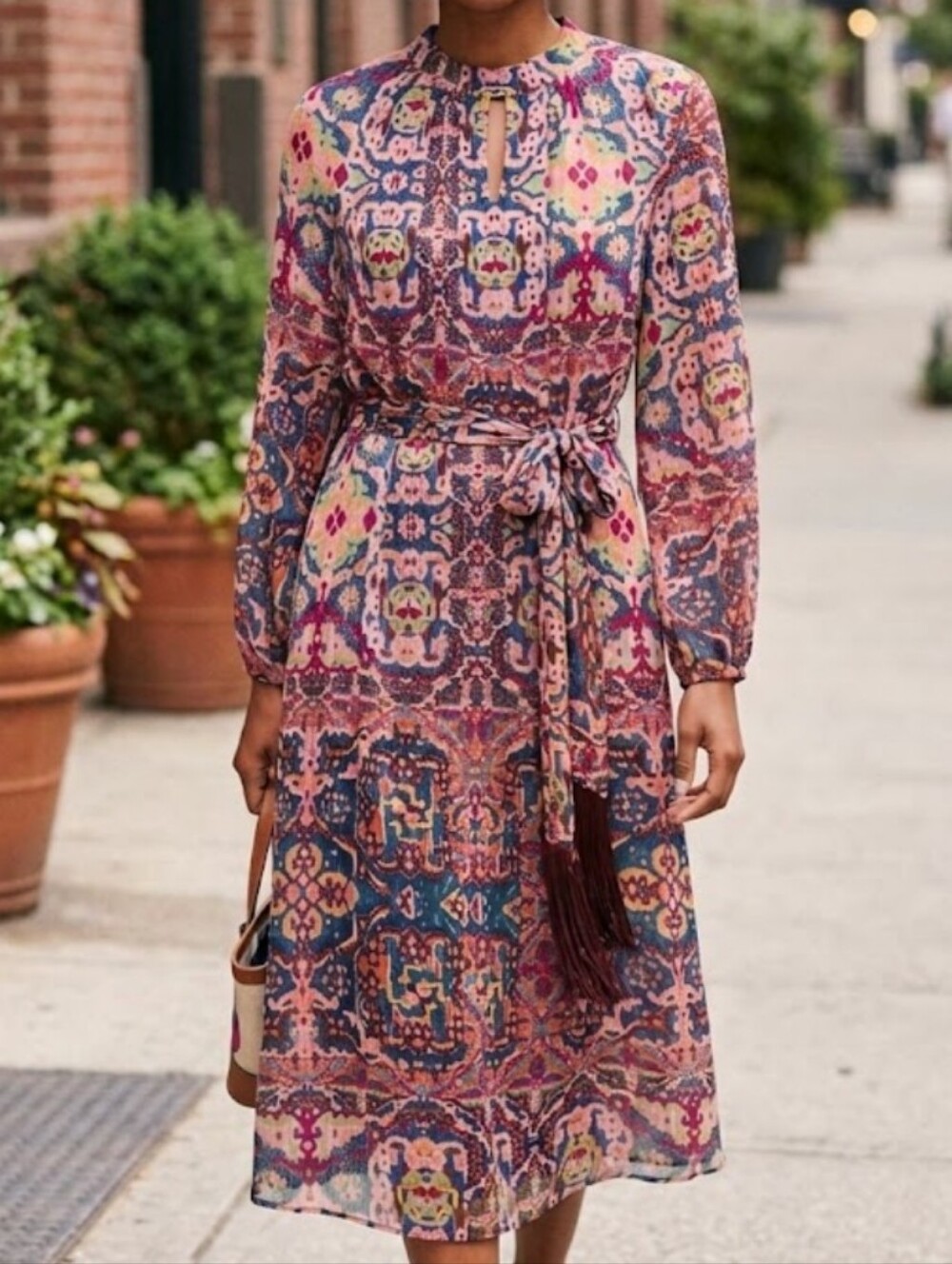 Tahari ASL Chiffon Ikat Pattern Midi Dress Mock Neck Long Sleeve Size 6